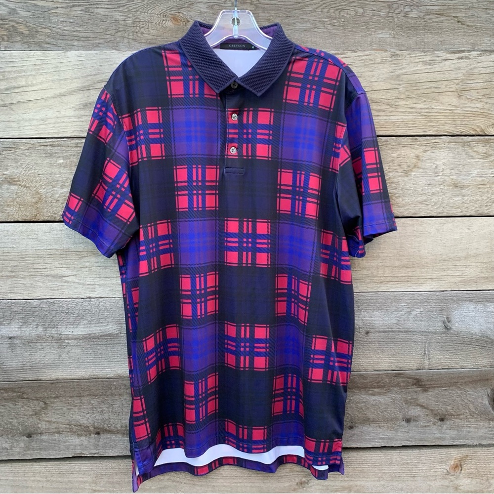 Greyson Golf Shirt Polo Men M Performance All Over Print AOP Tartan Plaid Preppy